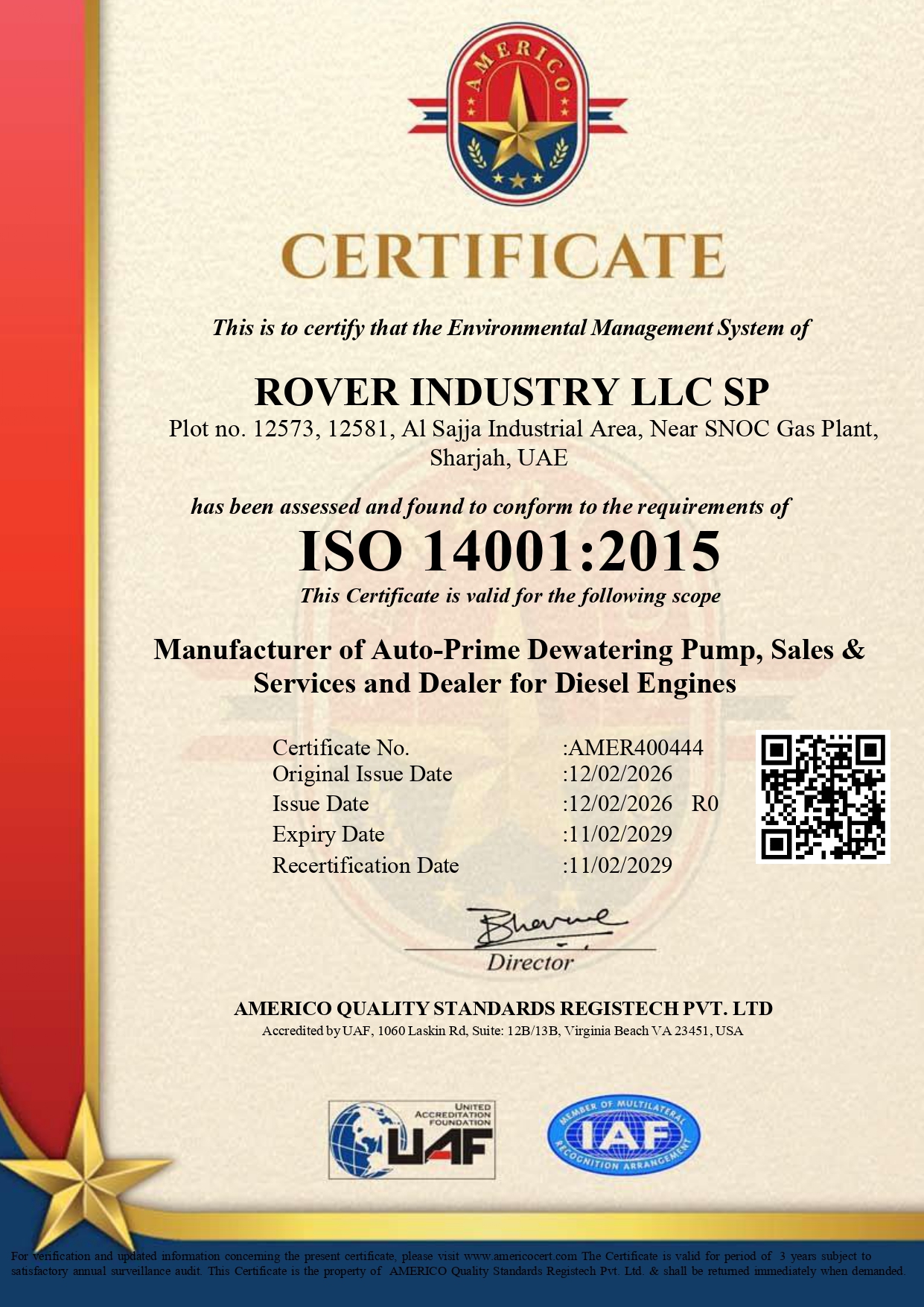 UAF-Americo-ISO-14001-ROVER-INDUSTRY-LLC-SP-ORIGINALS